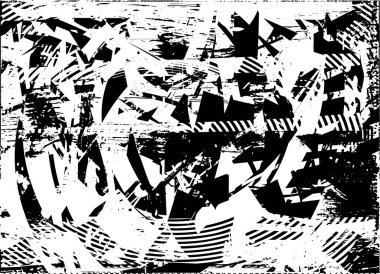 Siyah beyaz desenli, noktalı, lekeli, çizik ve çizikli sıkıntılı bir arkaplan. Soyut vektör illüstrasyonu.