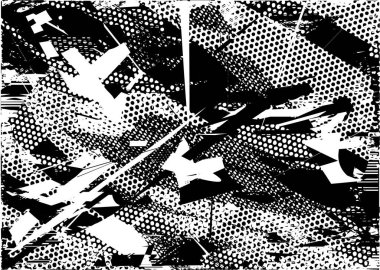 Siyah beyaz desenli, noktalı, lekeli, çizik ve çizikli sıkıntılı bir arkaplan. Soyut vektör illüstrasyonu.