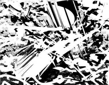 Siyah beyaz desenli, noktalı, lekeli, çizik ve çizikli sıkıntılı bir arkaplan. Soyut vektör illüstrasyonu.