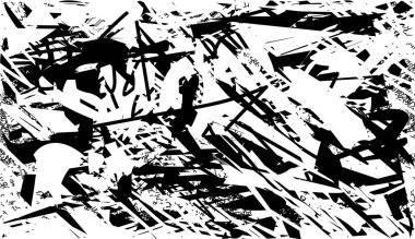 Siyah beyaz desenli, noktalı, lekeli, çizik ve çizikli sıkıntılı bir arkaplan. Soyut vektör illüstrasyonu.