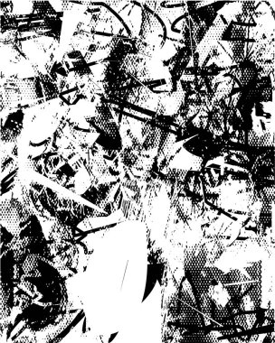 Siyah beyaz desenli, noktalı, lekeli, çizik ve çizikli sıkıntılı bir arkaplan. Soyut vektör illüstrasyonu.