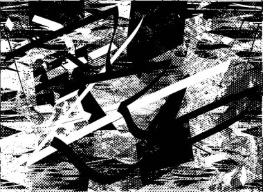 Siyah beyaz desenli, noktalı, lekeli, çizik ve çizikli sıkıntılı bir arkaplan. Soyut vektör illüstrasyonu.