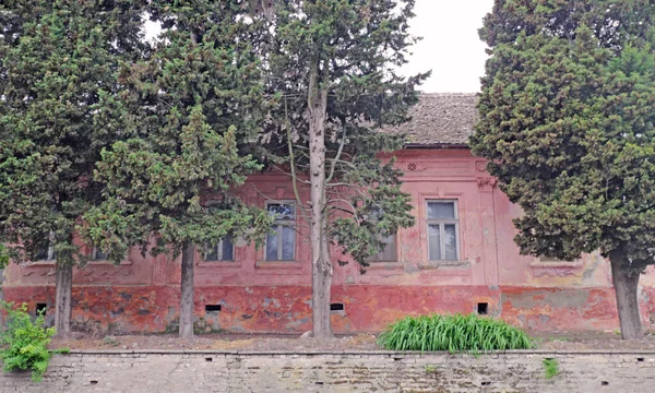 Vecchia Casa Rossa Villaggio Con Alberi Fronte — Foto Stock