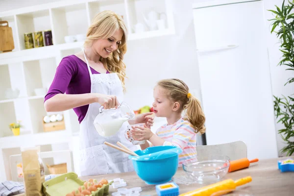 Mutter und Tochter geben Milch in einen Kuchen — Stockfoto