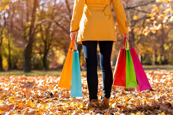 Kadın holding renkli alışveriş torbaları — Stok fotoğraf