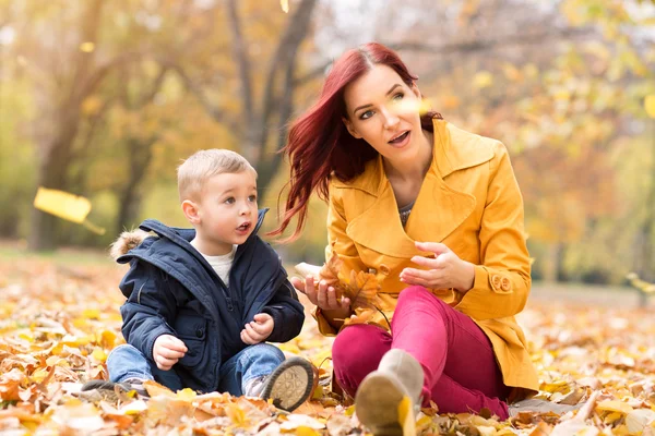 Anne ve oğlu düşmüş yaprakları izlerken — Stok fotoğraf