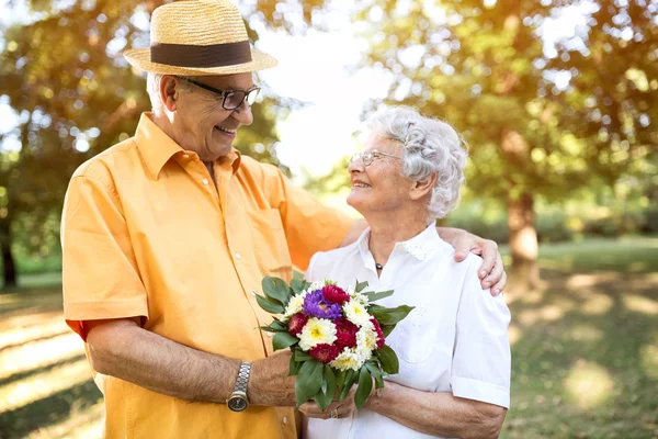 Romantic happy senior couple in park Stock Photo