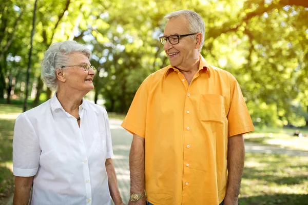 Sonriendo feliz pareja de ancianos en el parque — Foto de Stock