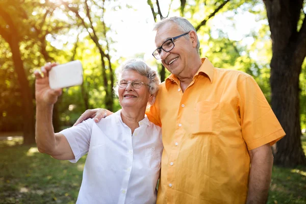 Gülümseyen kıdemli çift Selfie — Stok fotoğraf