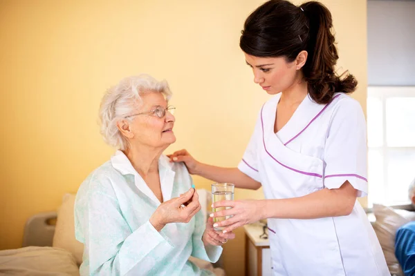 Two ladies working together, doctor and her nursing facility patient, nursing home concept