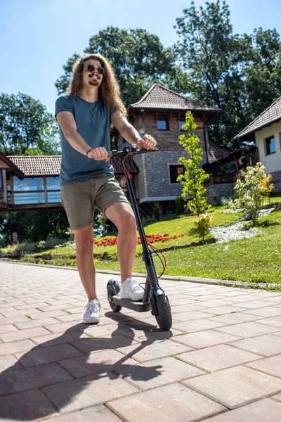 Handsome Young Man Curly Hair Having Fun Electric Scooter Beautiful — Stock Photo, Image