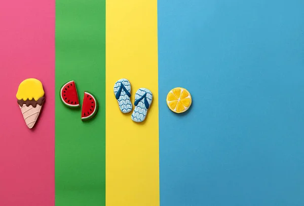 Beach Summer Fun Cookies Watermelon Ice Cream Lemon Thong Slippers — Stok Foto