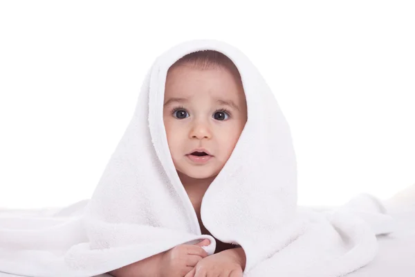 Cute infant baby under the white towel — Stock Photo, Image