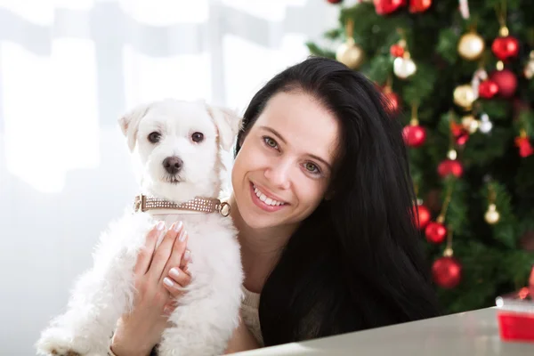Sevimli kız gülümseyerek onu köpek Noel tatili için hugs — Stok fotoğraf