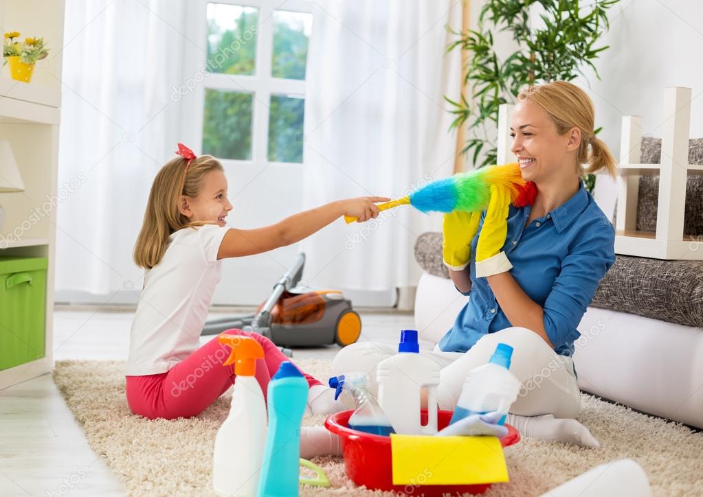Family funny moments when cleaning home