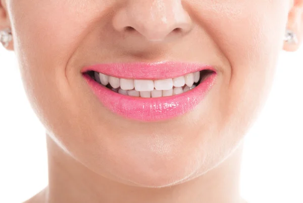 Felice ragazza sorridente con sbiancare i denti igiene — Foto Stock