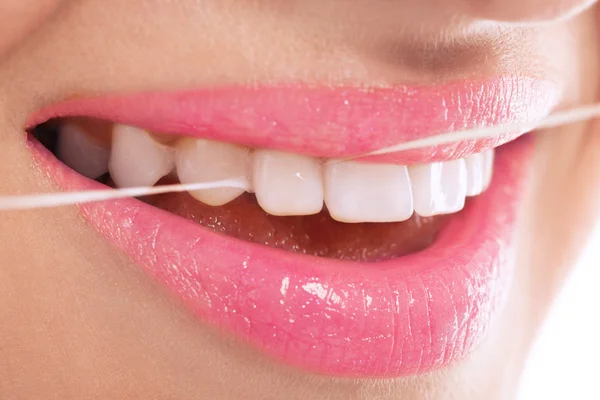 Dental flossing close up — Stock Photo, Image