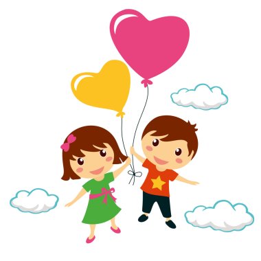 Funny smiling children holding heart balloons, valentine day clipart