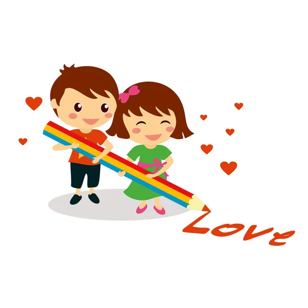 Niños sosteniendo lápiz de colores y escribir amor palabra — Vector de stock