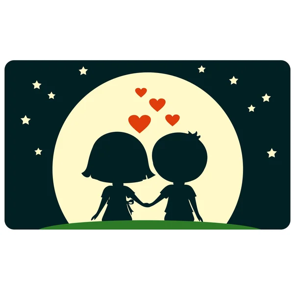 Bonito menino e menina sentados juntos e olhando para a lua para feriado dia dos namorados — Vetor de Stock
