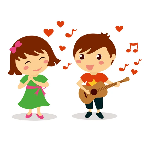 Lindo chico cantando una canción de amor a hermosa chica sonriente para el día de San Valentín — Vector de stock