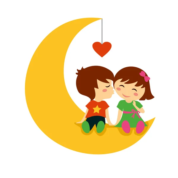 Día de San Valentín beso en la luna con niños sonrientes — Vector de stock