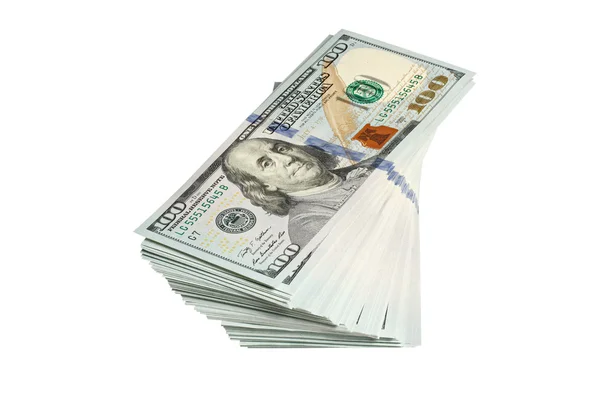 Στοίβα των τραπεζογραμματίων 100 δολάρια απομονωθεί σε λευκό — Φωτογραφία Αρχείου