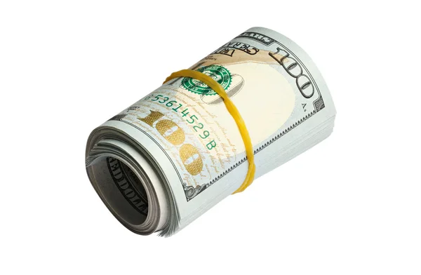 Rolo de notas de 100 dólares isoladas em branco — Fotografia de Stock