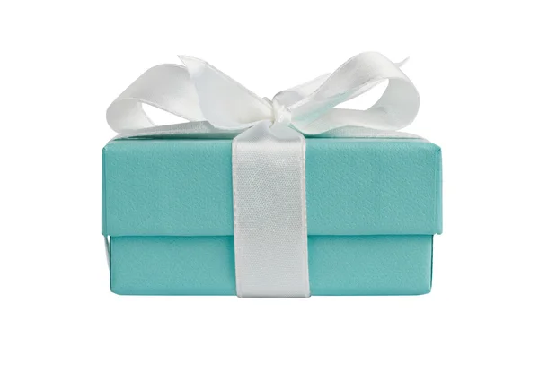 Side view of isolated turquoise gift box on white — Stock Photo, Image
