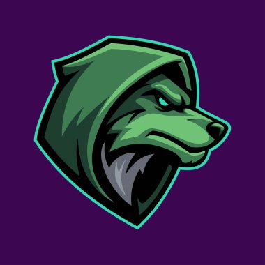 Yeşil Kapüşonlu Kurt Karakteri Rozet E- Spor Logo Vektör Şablonu