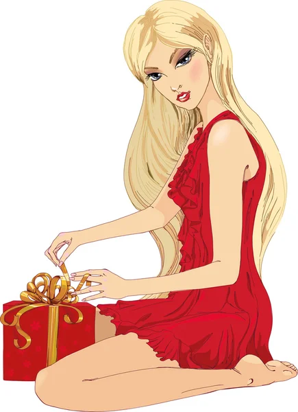 Woman unwrapping present. — Stock Vector