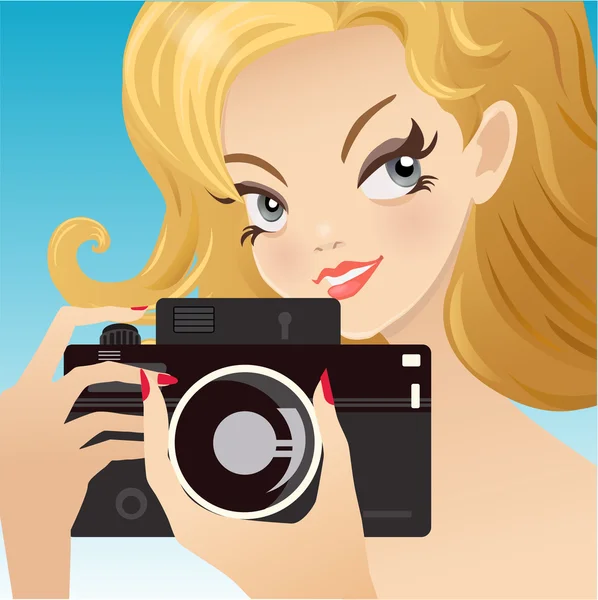 Νέα χαριτωμένο γυναίκα, κρατώντας τη φωτογραφική μηχανή — Διανυσματικό Αρχείο