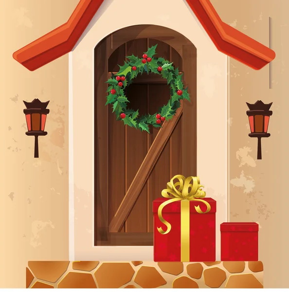 Christmas holly wreath on the door — Stock Vector