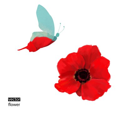 Poppy flower and butterfly clipart