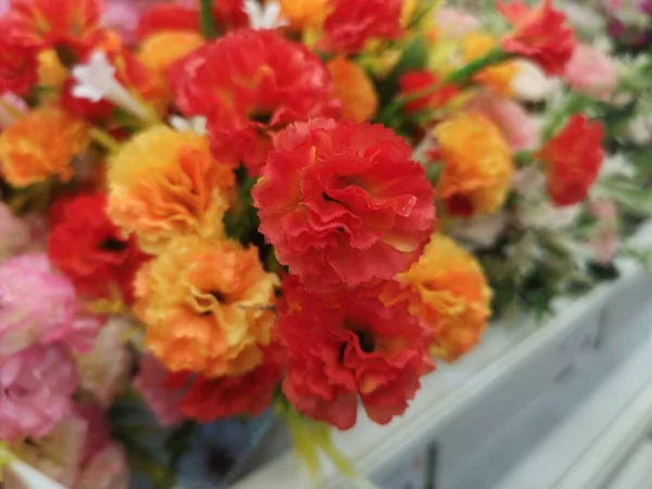 Oeillet Rouge Fait Main Belle Décoration Fleurs Bouquet Artificiel Fond — Photo