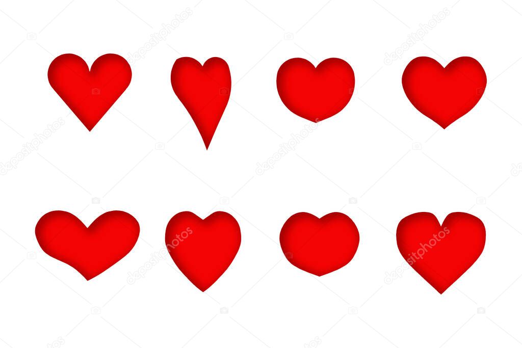 red hearts 3D shapes have light shadows style convex on paper white background, hand draw shape symbol love, vector design elements isolated for love wedding, woman, man, valentine day or mother day, copy text card, illustration