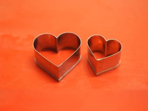 Bread Molds Stainless Heart Shaped Red Background Love Valentine Day Royalty Free Stock Photos