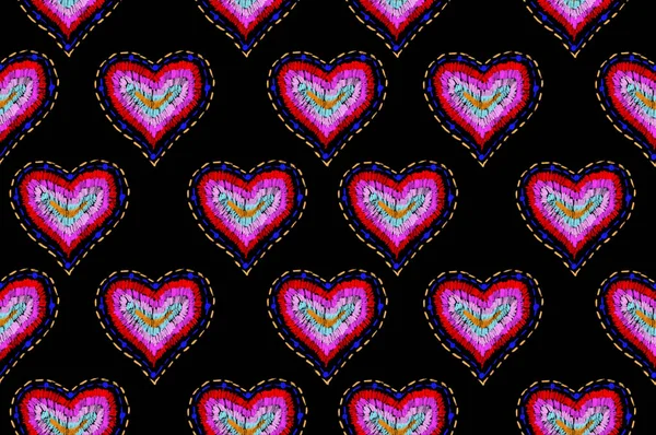 pattern of freehand sketch shape heart, colorful red pink blue orange color design elements isolated on black background, symbol love Valentine Day
