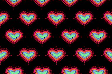 El yazması taslak şekilli kalp, renkli kırmızı mavi sarı turuncu renk tasarımı elementleri siyah arkaplanda izole edilmiş, Sevgililer Günü sembolü, tekstil kumaşı