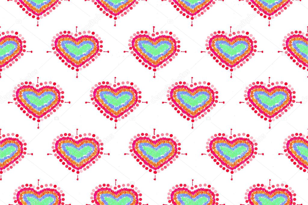 pattern of freehand sketch shape heart, colorful red green blue yeloow orange color design elements isolated on white background, symbol love Valentine Day, textile Fabric