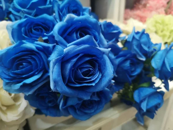 Cor Azul Escuro Rosa Artesanal Buquê Artificial Flores Decoração Ornamental — Fotografia de Stock