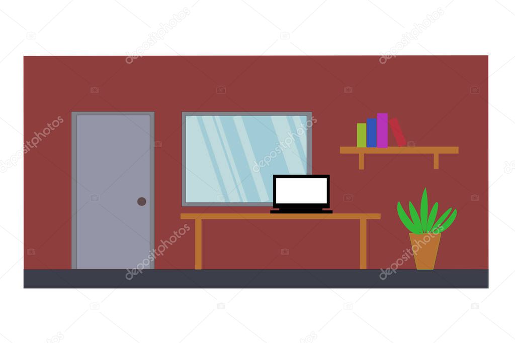 Flat elevation furniture interior room door, window, notebook on table, bookshelf tree pod, inside home or house, illustration