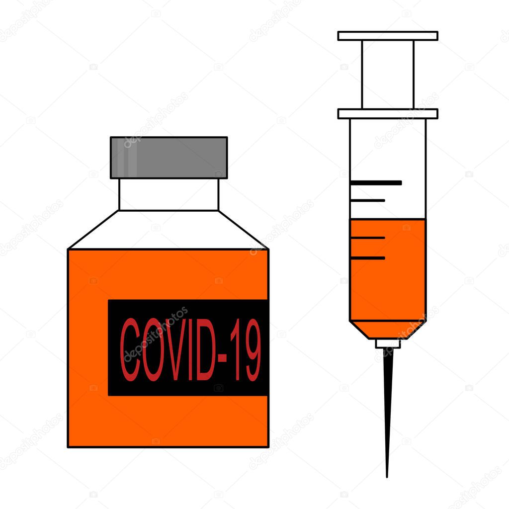 Vaccine coronavirus, covid-19 Medicine bottle and hypodermic syringe on white background, symbol, illustration graphic