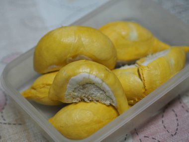 Keskin kabuklu Durian meyvesi Açık plastik kutuda tatlı sarı renkli et
