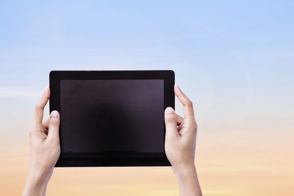 Man hand hold tablet blank screen on isolated background concept using for mockup person showing reality black pad up business, person computer technology, female web shopping online, b2c consumer, internet of things