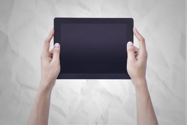 Man hand hold tablet blank screen on isolated background concept using for mockup person showing reality black pad up business, person computer technology, female web shopping online, b2c consumer, internet of things