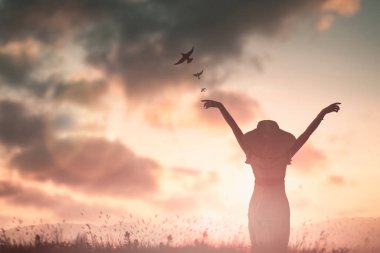 Elleri güzel manzaralı siluet kadın. Şükran Günü arkaplanındaki Hristiyan övgüleri. Doğayı destekleyin. Kollarınızı açın. Güneş kavramının tadını çıkarın.