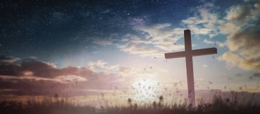 İsa Mesih 'in haçı cennette gündoğumu konsepti katolik din, Hıristiyan ibadet tanrısı, mutlu Paskalya günü, iyi Cuma gündoğumu arka planı, İncil' in kutsal Pazar günü