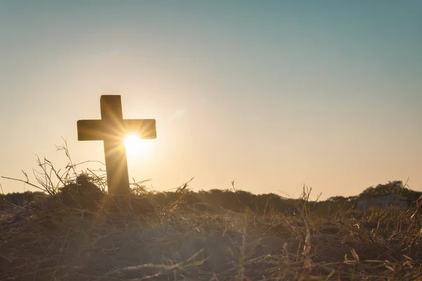 Sylwetka Jezusa Chrystusa Krzyż Krzyżu Kalwarii Zachód Słońca Koncepcja Tła — Zdjęcie stockowe