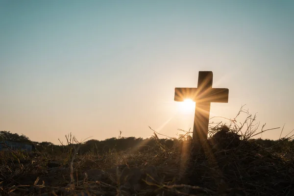 Silhouette Ιησούς Χριστός Σταυρός Στο Σταυρό Στο Ηλιοβασίλεμα Γολγοθά Έννοια — Φωτογραφία Αρχείου